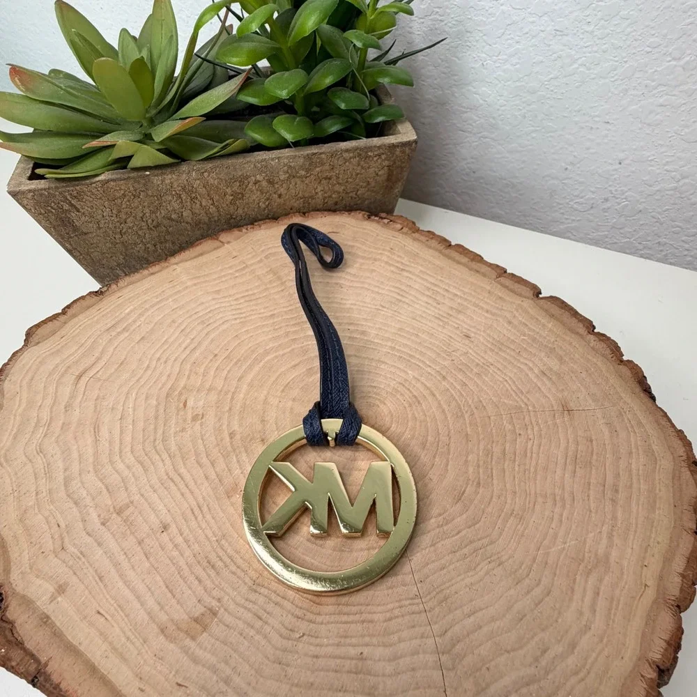 Michael Kors Bag Charm Women Gold Navy MK Logo Medallion Luxury OS